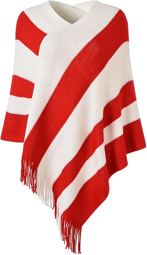 Ferand Women's Striped Poncho Sweater Cozy Knit Fringe Shawl Wraps for Fall Winter
