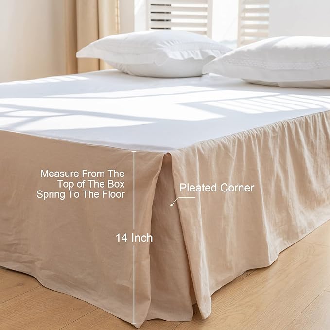BISELINA French Linen Bed Skirt with Pleated Corner 14-Inch Tailored Drop Natural Flax Cotton Blend Basic Dust Ruffle Soft Cozy Farmhouse Bedding (14" Twin, Basic Linen)