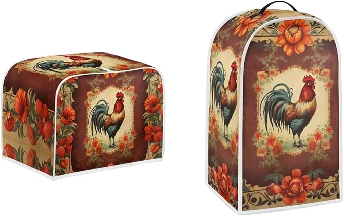Vintage Chicken Rooster Flower Pattern Appliance Covers Set Washable Kitchen Blender Dust Cover Bread Maker Toaster Cover 2 Slice Kitchen Accessories Size S