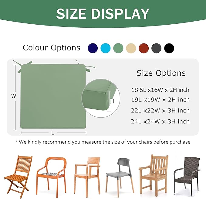 Outdoor Chair Cushions Set of 2: Waterproof & Fade Resistant Deep Seat Cushion for Patio Furniture - 24 x 24 Inch Chair Pad with Ties and Hidden Zipper - Patio Chair Cushion Replacement, Sage Green