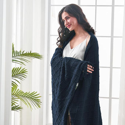inhand Knitted Throw Blankets for Couch and Bed, Soft Cozy Knit Blanket with Tassel, Dark Blue Lightweight Decorative Blankets and Throws, Farmhouse Warm Woven Blanket for Men and Women, 50"x60"