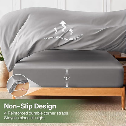 MR&HM King Fitted Sheet Only, Ultra-Soft Rayon Derived from Bamboo & Polyester Blend, Silky & Breathable, 15" Deep Pocket with Elastic Straps, Cooling Fitted Sheet for Hot Sleepers, Silver Grey