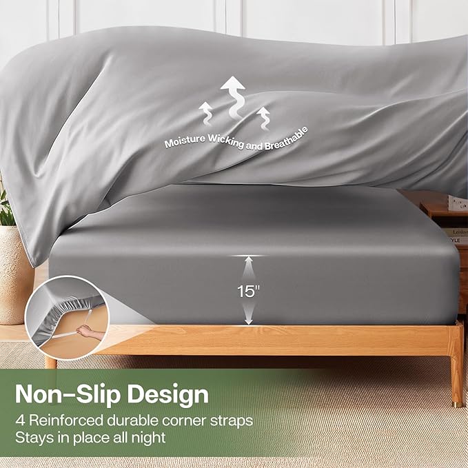 MR&HM California King Fitted Sheet, Ultra-Soft Rayon Derived from Bamboo & Polyester Blend, Silky & Breathable, 15" Deep Pocket with Elastic Straps, Cooling Fitted Sheet for Hot Sleepers, Silver Grey