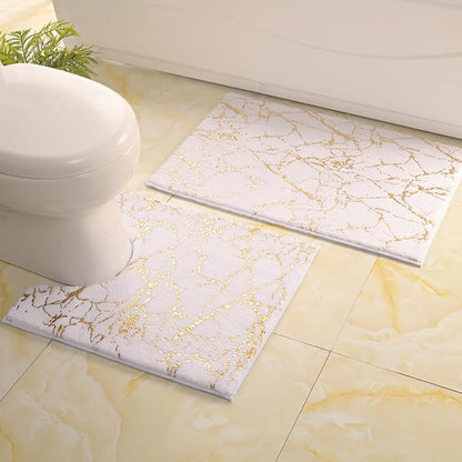 QJHOMO Toilet Rugs U Shaped White and Gold Bathroom Rugs, Gold Decor Toilet Mat Contour Bath Rug Marble Bathroom Accessories, Extra Thick Carpet Non Slip Floor Mats Machine Washable (20x24 inch)