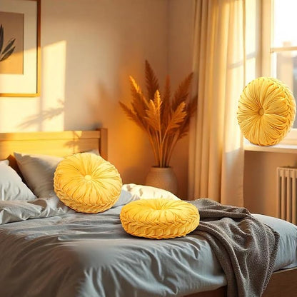 2 Pcs Round Throw Pillows 15 Inch Decorative Velvet Pleated Pumpkin Floor Boho Pillows for Living Room Couch Chair Bed Sofa (Yellow)