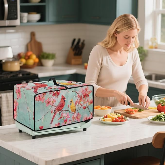 Cardinal Cherry Blossom Print Microwave Oven Cover Waterproof Dust-Proof Microwave Toaster Oven Cover with Storage Bags Universal Washable Decor Accessories for Kitchen, S