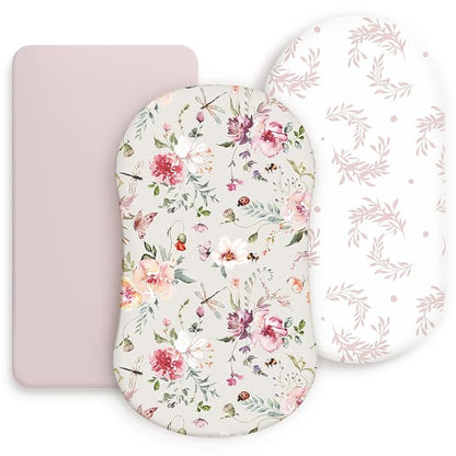 Stretch Ultra Soft Fitted Bassinet Sheet Set 3 Pack, Universal Fit for Bassinets Baby Cradle Moses Basket Oval Rectangle Mattress Safe and Snug, Beautiful Flowers and Insects Pattern for Baby Girls