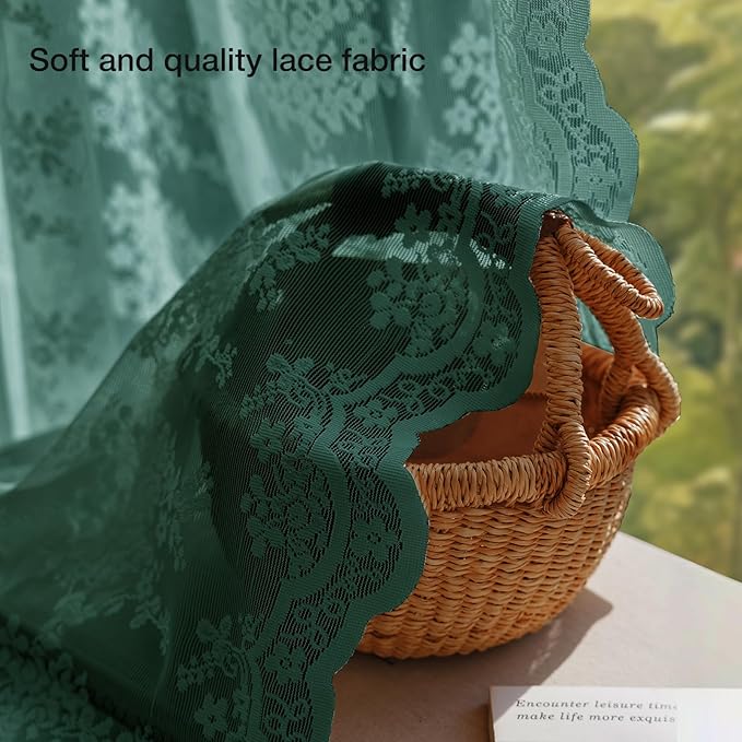 Anmao Vintage Lace Curtains 102 Inches Long 2 Panels, Romantic Semi Sheer Floral Lacy Curtain for Living Room, Elegant Window Drapes for Bedroom, Each Panel 55W x 102L, Turquoise