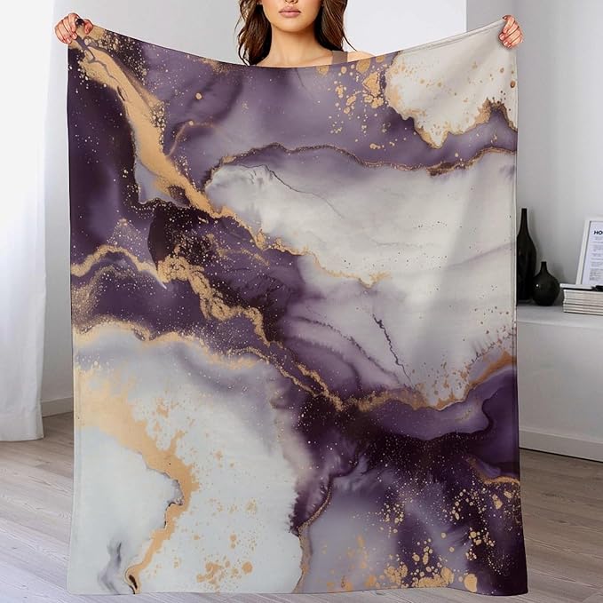 Modern Marble Blanket, Abstract Luxury Baroque Golden Purple White Stone Veins Pattern Soft Warm Cozy Plush Flannel Covers for Livingroom Bedroom Couch Chair Camping Travel Home Decor Tapestry 40x50in