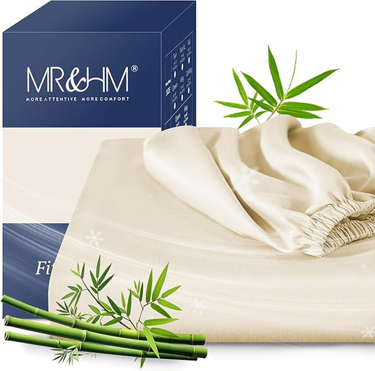 MR&HM Full Fitted Sheet Only, Ultra-Soft Rayon Derived from Bamboo & Polyester Blend, Silky & Breathable, 15" Deep Pocket with Elastic Straps, Cooling Fitted Sheet for Hot Sleepers, Cream