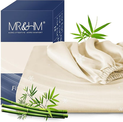 MR&HM Queen Fitted Sheet Only, Ultra-Soft Rayon Derived from Bamboo & Polyester Blend, Silky & Breathable, 15" Deep Pocket with Elastic Straps, Cooling Fitted Sheet for Hot Sleepers, Cream