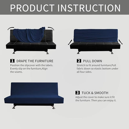 Easy-Going Stretch Futon Slipcover Armless Futon Bed Cover Furniture Protector Without Armrests with Elastic Bottom for Kids, Soft Jacquard Fabric Small Checks (Medium, Navy)