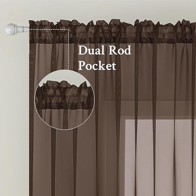 MIULEE Chocolate Brown Sheer Curtains 108 Inches Long 2 Panels, Light Filtering Voile Drapes with Rod Pocket for Bedroom and Living Room Windows