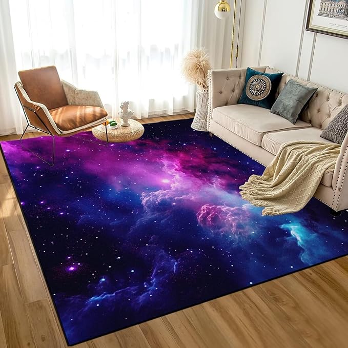 5' X 7' Purple Galaxy Rug Space Rugs Colorful Throw Rug Non-Slip Sun and Cloud Carpet Doormats for Living Room Bedroom Apartment Dorm Floor Mat
