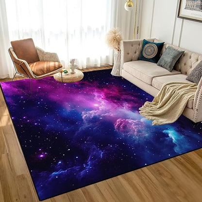 5' X 7' Purple Galaxy Rug Space Rugs Colorful Throw Rug Non-Slip Sun and Cloud Carpet Doormats for Living Room Bedroom Apartment Dorm Floor Mat