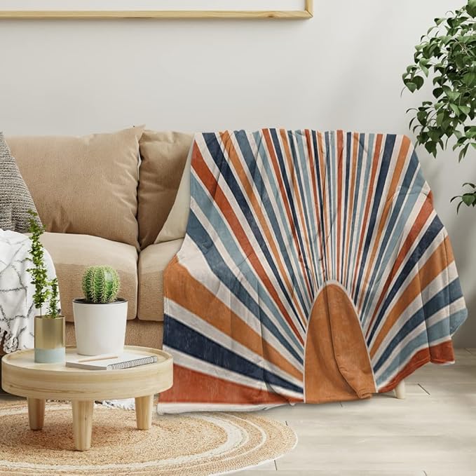 Boho Colorful Sunrise Throws Blankets Abstract Mid Century Modern Throw Blanket Minimalist Sun Boho Leaves Aesthetic Soft Warm Bed Bedding Women Blankets for Couch Sofa Office 30"x40"