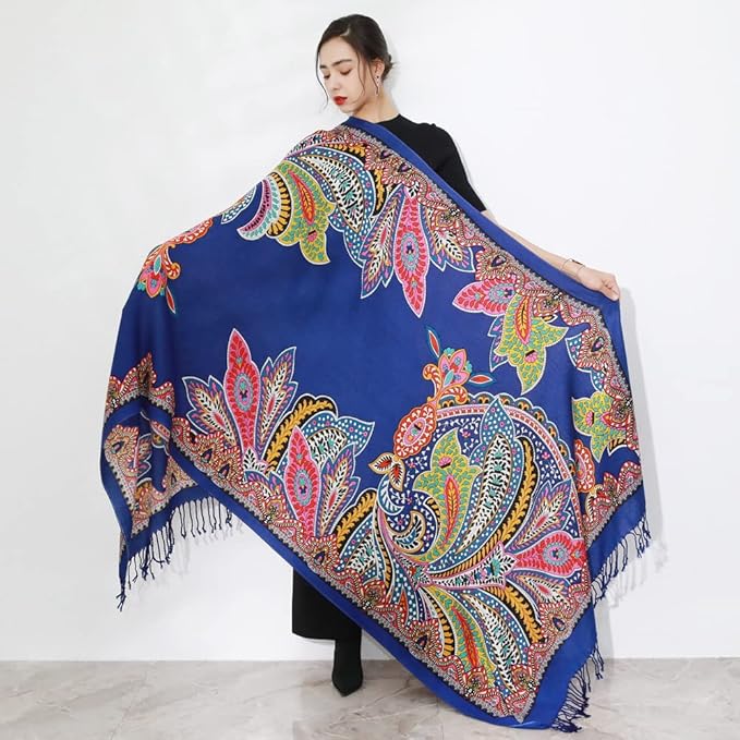 DANA XU 100% Merino Wool Pashmina Shawl for Women 96"x43", Oversized Cashmere Wrap with Tassels, Floral Travel Blanket Cape