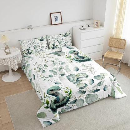 Erosebridal Cute Snake Bedding Queen Size for Kids Child Green Eucalyptus Comforter Set Queen, Wild Animal Duvet Insert Botanical Plant Leaves Quilt Set, Cartoon Wildlife Bedding Comforters & Sets