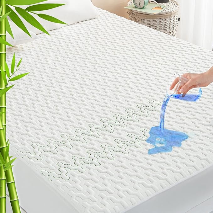 GRT Waterproof Rayon Bamboo Mattress Protector Queen Size - 3D Air Fiber Mattress Protector Cover, Cooling Mattress Pad Breathable Ultra Soft Noiseless 8''-21'' Deep Pocket Machine Washable