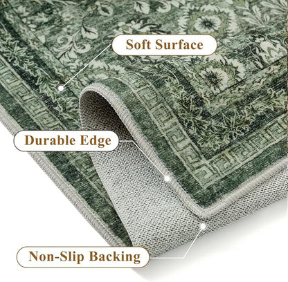 6x9 Vintage Area Rug Green Washable Living Room Large Non Slip Carpet Bedroom Indoor Office Low Pile Traditional Distressed Retro Floral Accent Rug for Dining Room Kitchen