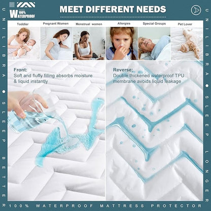 Full Size Waterproof Mattress Protector Quilted, Breathable Ultra-Soft Filling Mattress Pad, Fitted Deep Pocket Mattress Cover Fits 6''-19'' Mattress White