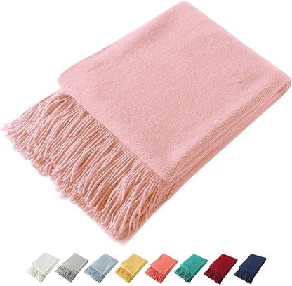 Homiest Decorative Knitted Throw Blanket with Fringe, Lightweight Acrylic Knit, Soft & Cozy Tassel Blanket for Couch, Sofa, Bed (Baby Pink, 50 x 60 Inch)