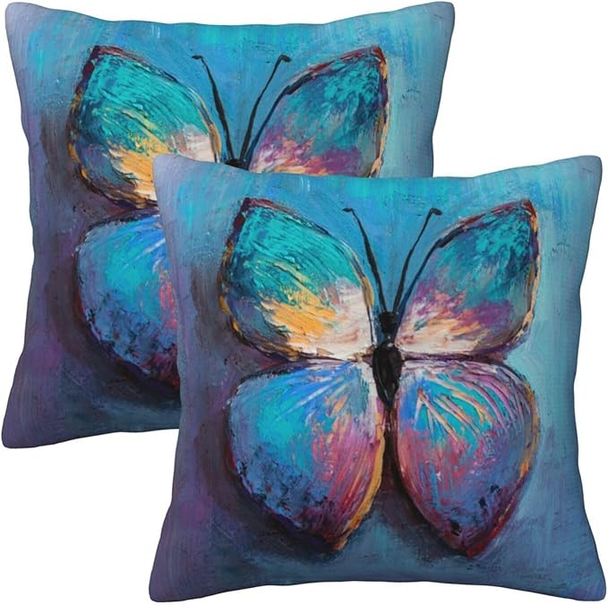 bassyil Blue Butterfly Throw Pillow Covers Decorative Linen Pillow Cases Set of 2 Square Cushion Cover for Couch Sofa Bedroom Patio 18x18 Inch