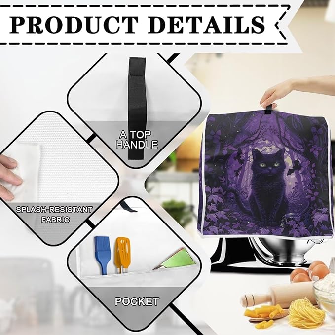 Black Cat Stand Mixer Cover Washable Kitchen Appliance Cover for 6-8 Quart Mixers Dustproof & Oilproof Food Processor Covers for Home Aid Mixers Accessories Halloween Kitchen Decor