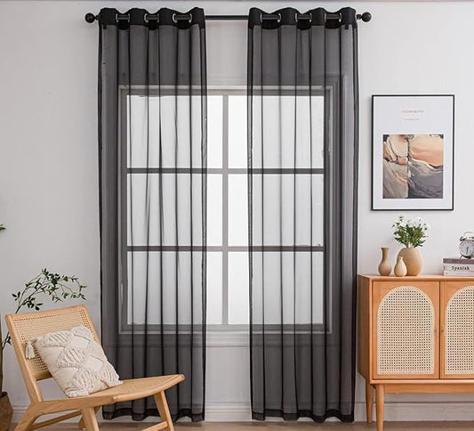 PI Sheer Curtains 95 Inches Length with Grommets,Soft Voile Textured,Modern Home Decoration Draperies for Villa/Loft 2 Panels (W52 X L95, Black)