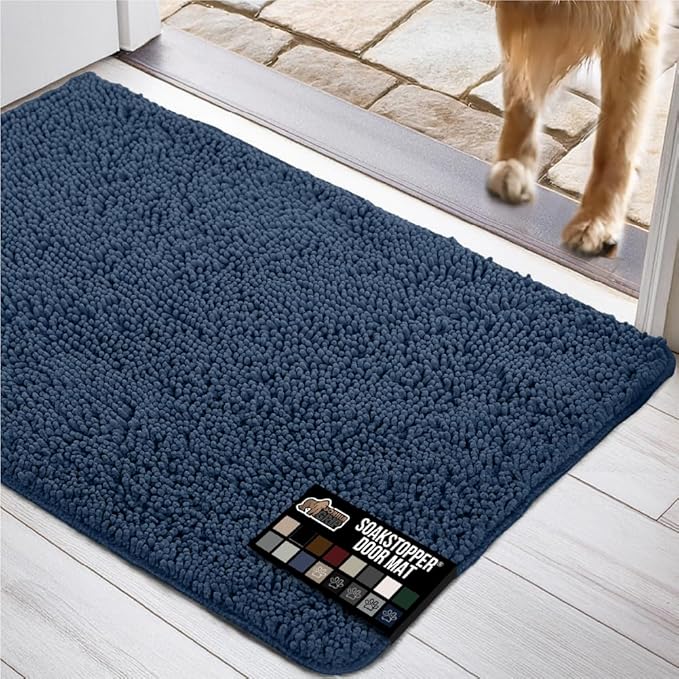GORILLA GRIP SOAKSTOPPER Dog Door Mat, 48x30 Machine Washable Rug Absorbent Doormat Captures Moisture Mud Dirt, Quick Dry Soft Chenille Entryway Rugs Indoor Entrance Mats for Dog Paws, Navy Blue