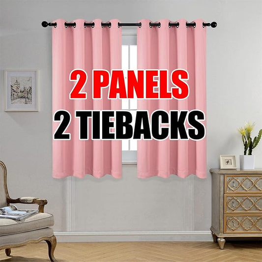 MIUCO 1 Pair Thermal Insulated Grommet 52-Inch-by-63-Inch Blackout Window Curtain Panels with 2 Tie Backs, Pink