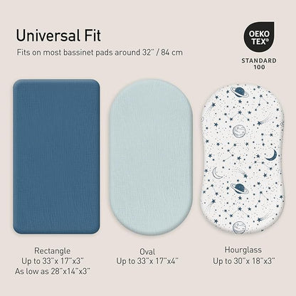 Gllquen Baby Muslin Bassinet Sheets 3 Pack, Breathable Elastic Cozy Fitted Cotton Bassinet Mattress Sheet for Baby Boy Girls, Fit for Hourglass Oval Rectangular Cradle Pad Sheets 33"x17" (Blue)