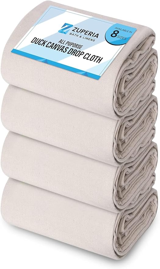 ZUPERIA Canvas Drop Cloth for Painting (Size 4' x10' Feet Pack of 4) Painters Drop Cloth for Painting, Furniture & Floor Protection, All Purpose Thick Canvas tarp with Double Stitched Edges