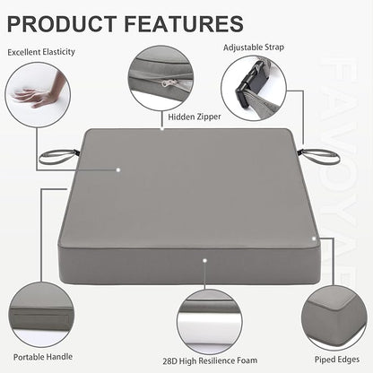 Favoyard Patio Chair Cushions 24 x 24 x 4 Inch Waterproof Outdoor Seat Cushions for Patio Furniture 3-Year Color Fastness Garden Sofa Couch Chair Pads with Handle & Adjustable Straps Set of 2, Grey