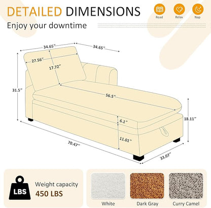 VANOMi Oversized 70.47'' Chaise Lounge Chair Indoor with Storage Space, Modern Upholstered Sofa Bed with Thick Cushion and Left Armrest, Boucle Leisure Recliner for Living Room, Bedroom, Office, Camel