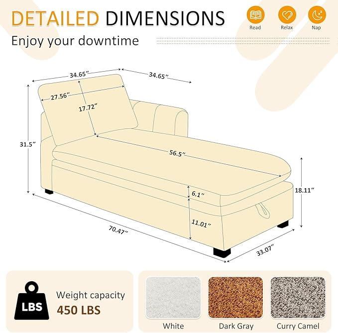 VANOMi Oversized 70.47'' Chaise Lounge Chair Indoor with Storage Space, Modern Upholstered Sofa Bed with Thick Cushion & Left Armrest, Boucle Leisure Recliner for Living Room, Bedroom, Dark Gray