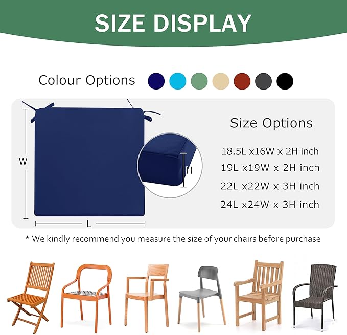 Outdoor Chair Cushions Set of 4: Waterproof & Fade Resistant Seat Cushion for Patio Furniture - 19 x 19 x 2 Inch Chair Pads with Ties and Hidden Zipper - Patio Chair Cushion Replacement, Navy