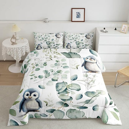 Erosebridal Cartoon Penguin Queen Bedding Sets Toddler Woodland Wildlife Comforter Set, Plant Down Comforter Eucalyptus Leaf Bedding Comforter Sets, Antarctic Animal Theme Duvet Insert Kids Room Decor