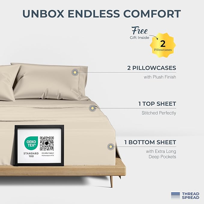 THREAD SPREAD 100% Egyptian Cotton Sheets California King Size Bed Set - 4 PC 1500 Luxury High Thread Count Beige Cal King Bed Sheets, Silky Soft, Cooling, Sateen, 17" Deep Pocket Bedsheet Set
