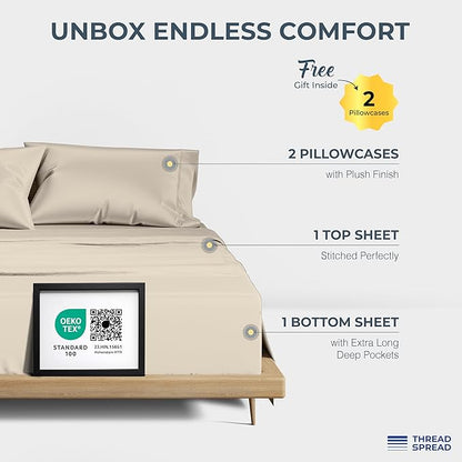 THREAD SPREAD 100% Egyptian Cotton Sheets California King Size Bed Set - 4 PC 1500 Luxury High Thread Count Beige Cal King Bed Sheets, Silky Soft, Cooling, Sateen, 17" Deep Pocket Bedsheet Set