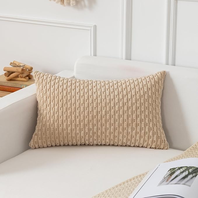 Kevin Textile 12x20 Inch Pillow Cover 1 Pack Boho Decorative Soft Striped Corduroy Lumbar Farmhouse Solid Color Accent Rectangle Cushion Case for Living Room Couch Sofa Bed, Beige