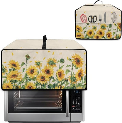 Convection Oven Cover with Storage Pockets, Dust-Proof Small Appliance Protector for Countertop Microwave Toaster Oven, L, 18.5 x 22.5 x 13 Inches, Sunflower Petals