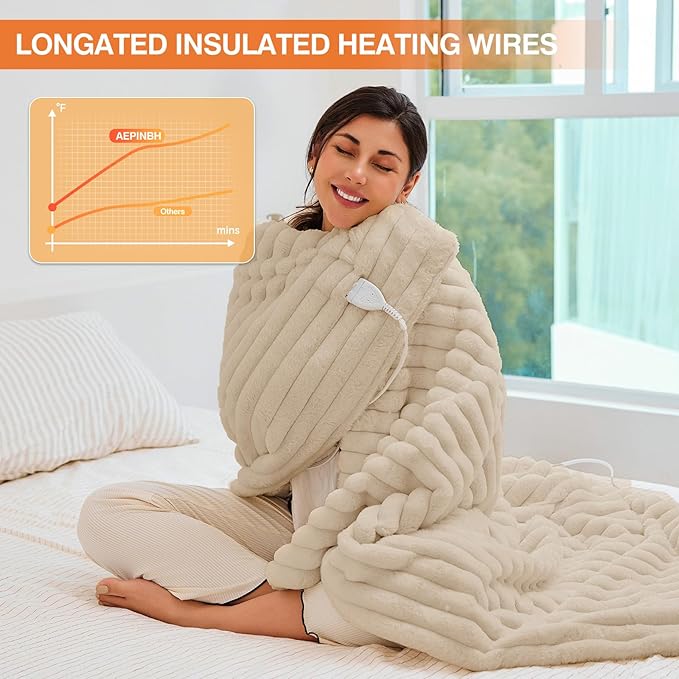 Heated Electric Blanket Throw: 6-Level Fast Heating, 4-Hour Auto-Off, Soft&Warm Stripe Faux Rabbit Fur, for Couch Home Office, with Overheating Protection & ETL Certified (50 x 60,Khaki)