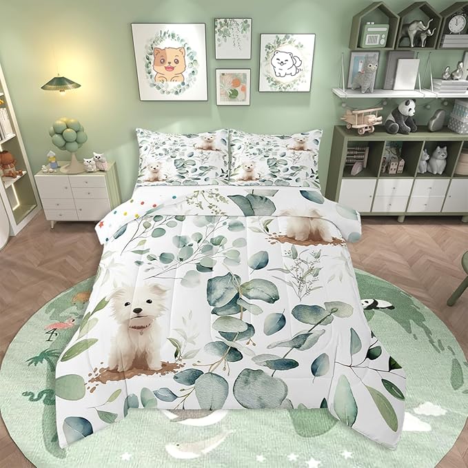Erosebridal Cute Dog Toddler Bedding Sets for Kids Child Green Eucalyptus Comforter Set, Pet Animal Bedding Comforter Sets Botanical Plant Leaves Duvet Insert, Cartoon Pug Puppy Down Comforter