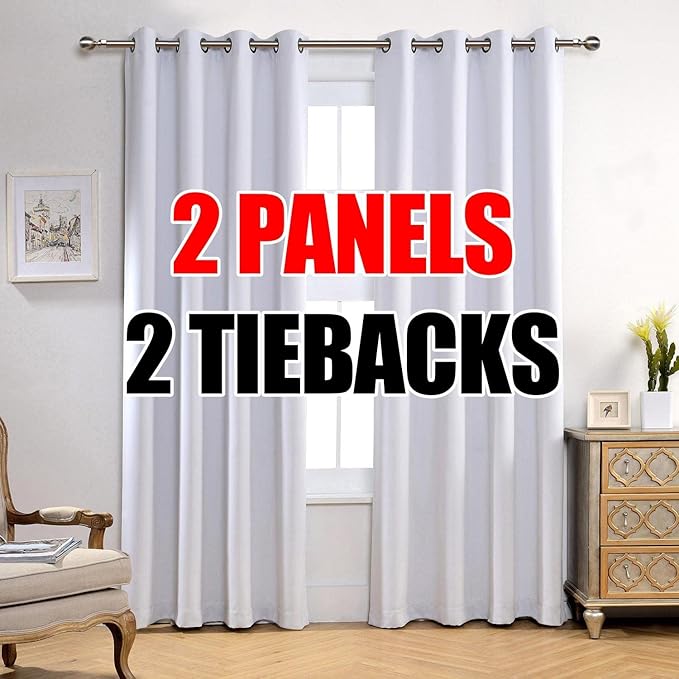 MIUCO Room Darkening Thermal Insulated Grommet Window Blackout Curtains Panels for Bedroom 1 Pair 52x95 Inch Greyish White, Bonus 2 Tie Backs Included