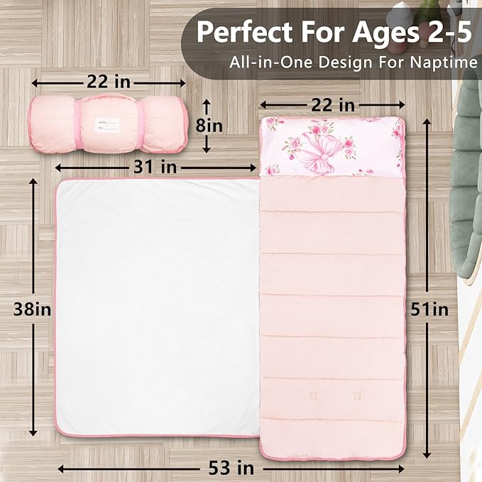Primlect Lightweight Toddler Nap Mat Perfect for Warm Sleepers, Portable Sleeping Bag with Removable Pillow and Fleece Blanket, Washable, Great for 3 Seasons, Daycare, Preschool, Boy and Girls