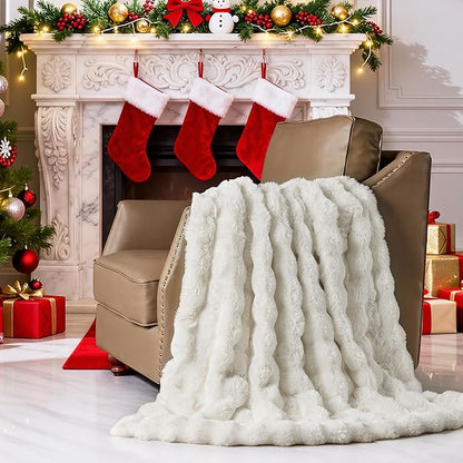 Lotus Karen King Size Faux Fur Blanket Cream White - Big Bubble Rabbit Fluff Throw for Bed Large Fluffy Fuzzy Cozy Thick Furry Plush Shaggy Blankets 108x90 Inches