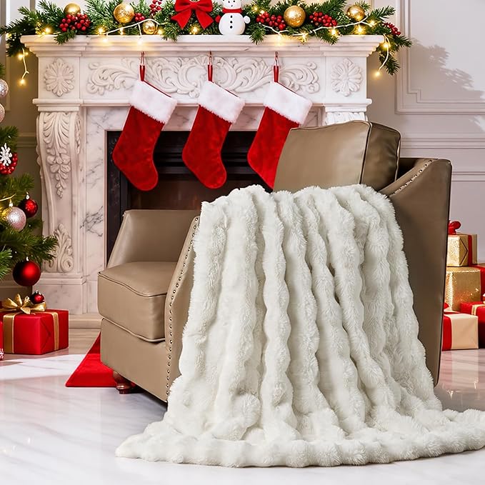 Lotus Karen Faux Fur Blanket - Cream White Twin Size, Big Bubble Rabbit Fluff, 60x80 Inches