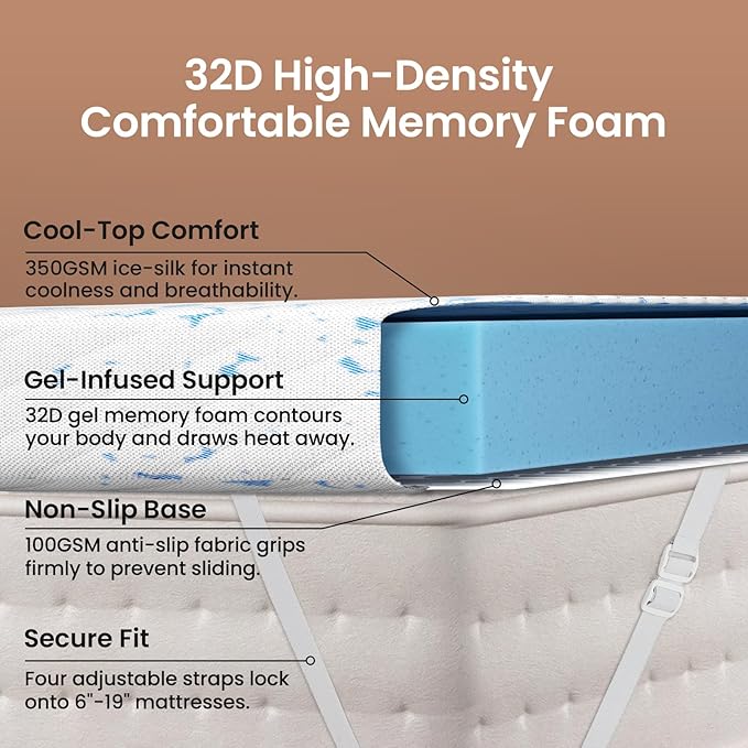 OhGeni 4 Inch Cooling Queen Size Gel Memory Foam Mattress Topper Pad, Washable Bed Cover with Anti-Slip Base &Zipper,Fits 6"-19" Mattresses with Straps,Extra Comfort for Sleep & Back Pain Relief
