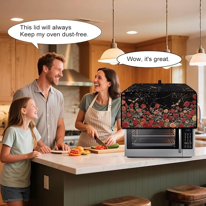 Red Rose Bat Cobweb Print Microwave Oven Dust Cover Polyester-Linen Fabric Dust Cover for Microwave Oven Universal Dust-Proof Kitchen Appliance Protector Fits Most Microwaves, M